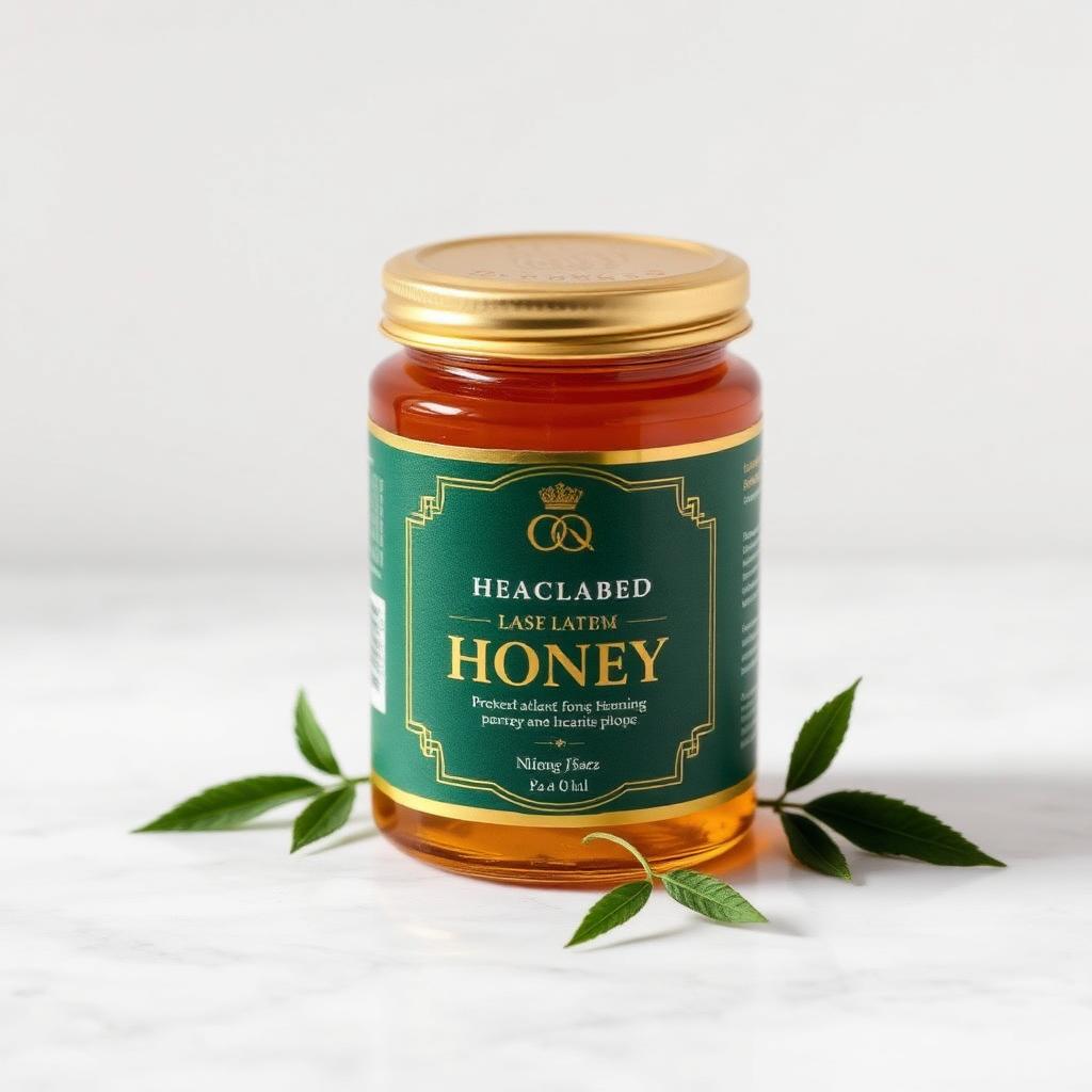 Toples madu hutan premium dengan tutup emas dan label hijau zamrud