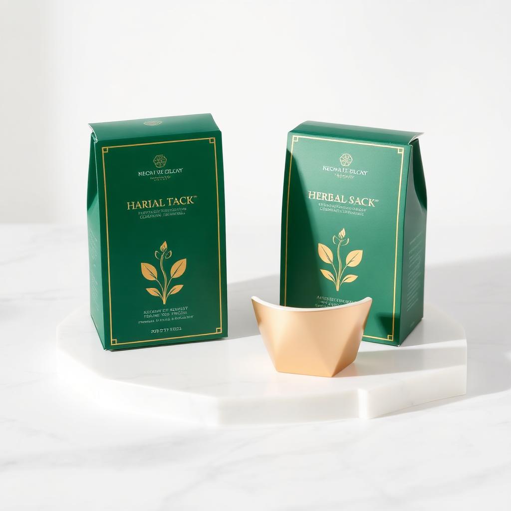 Kemasan teh herbal detoks berwarna hijau zamrud dengan aksen emas